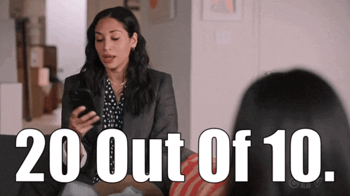 a woman is sitting on a couch looking at her phone with the words 20 out of 10 behind her