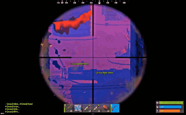 a computer screen shows a sniper aiming at a building with a purple background