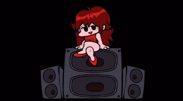 a cartoon girl is sitting on top of a speaker in a dark room