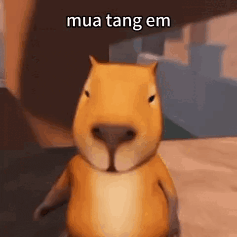 a cartoon capybara is standing in front of a building with the words mua tang em written on it .