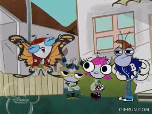 a group of cartoon characters are standing in front of a fence with a disney logo in the corner