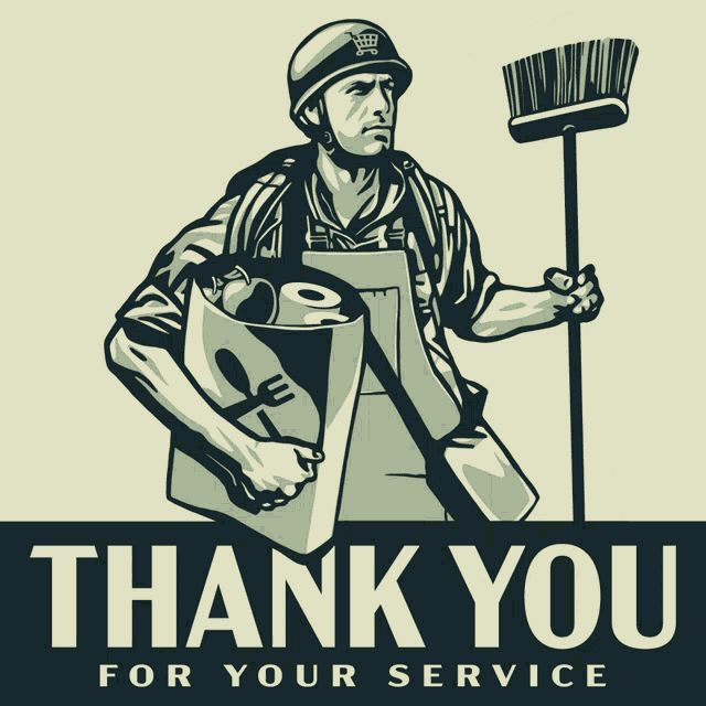 a man holding a broom and a box with the words thank you for your service