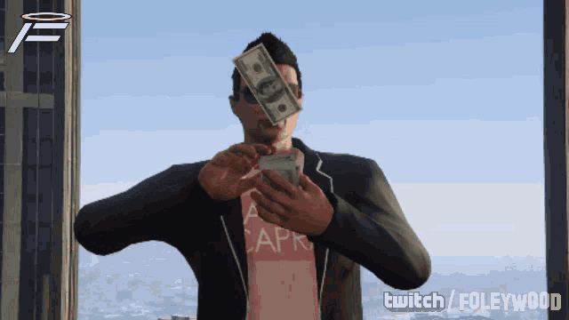 a man is holding a stack of money in front of his face and the words twitch / foleywood are on the bottom
