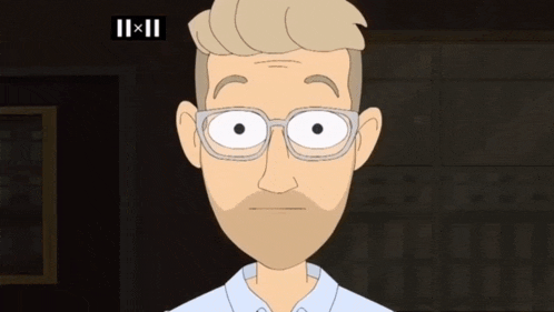 a cartoon man with glasses and a beard looks at the camera with the number 11x11 behind him