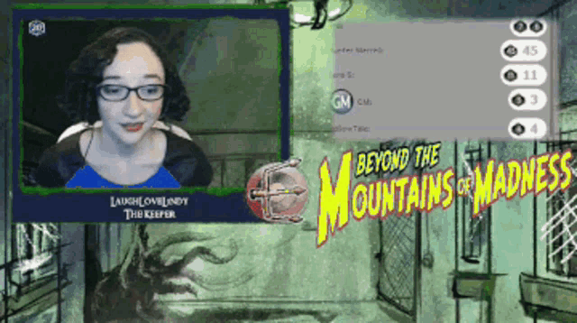 a woman with glasses is on a screen with the words beyond the mountains of madness