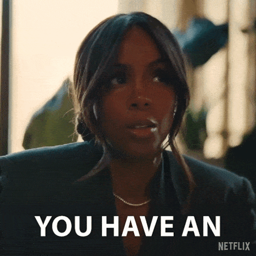 a close up of a woman 's face with the words `` you have an '' written on it .