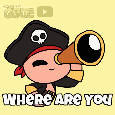 a cartoon of a pirate looking through a telescope with the words " where are you " below him