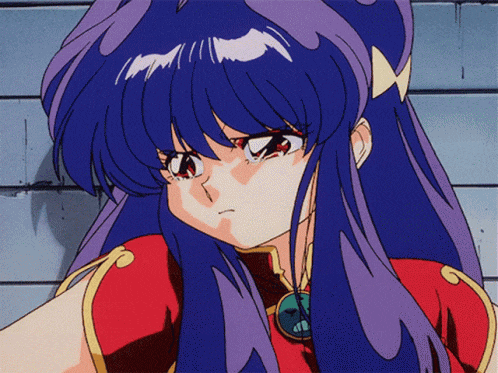 a girl with blue hair is wearing a red and gold dress