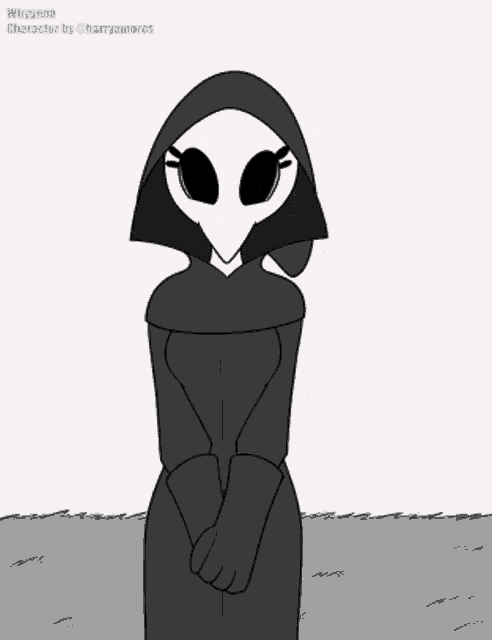 a black and white drawing of a woman in lingerie and a hood