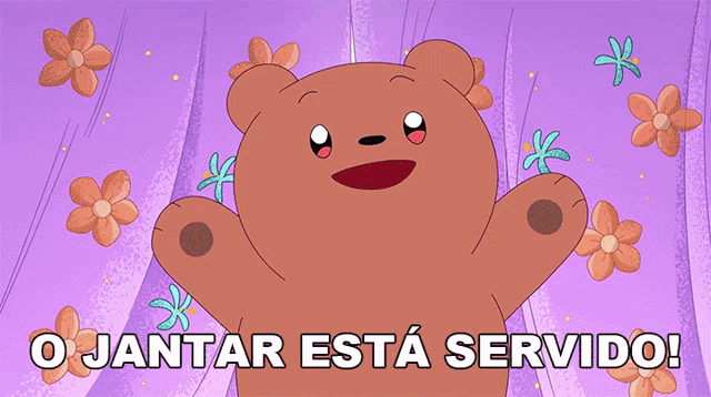 a cartoon bear is hugging a purple curtain with the words o jantar esta servido written below it