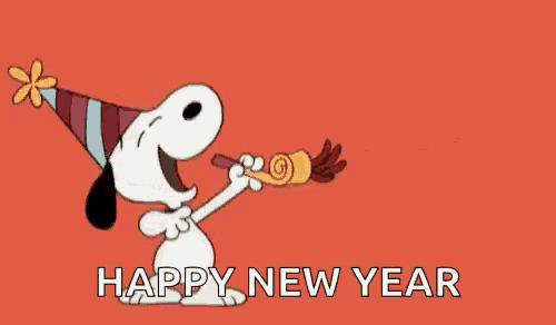 snoopy is wearing a party hat and blowing a party horn to wish everyone a happy new year .