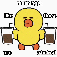 a cartoon duck is holding two cups of coffee and saying mornings like these are criminal .