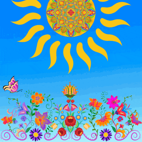 a butterfly is flying in front of a sun with the words good morning written on it