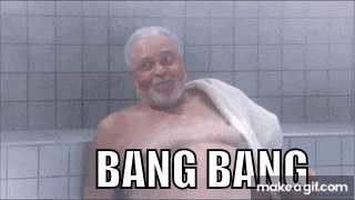 an older man is taking a bath with a towel around his neck and the words bang bang are visible .