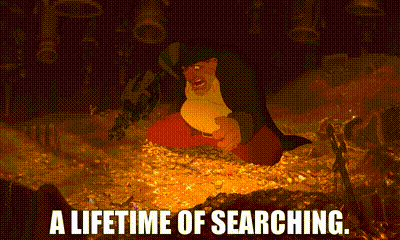 a cartoon character is sitting in a pile of treasure with the words " a lifetime of searching " above him