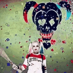 a woman in a harley quinn costume is holding a bat in front of a harley quinn skull .