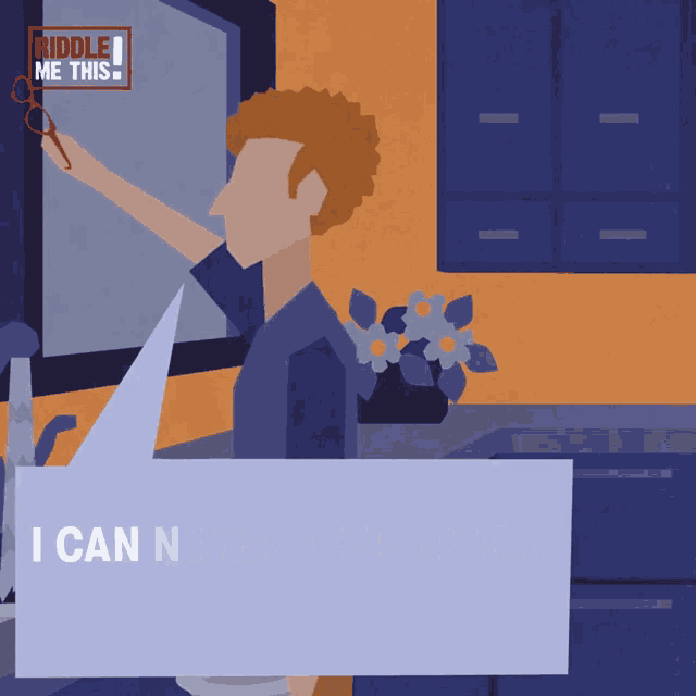 a cartoon of a man cutting a piece of paper with a riddle me this logo above him