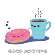 a cartoon illustration of a donut and a cup of coffee with the words good morning below it