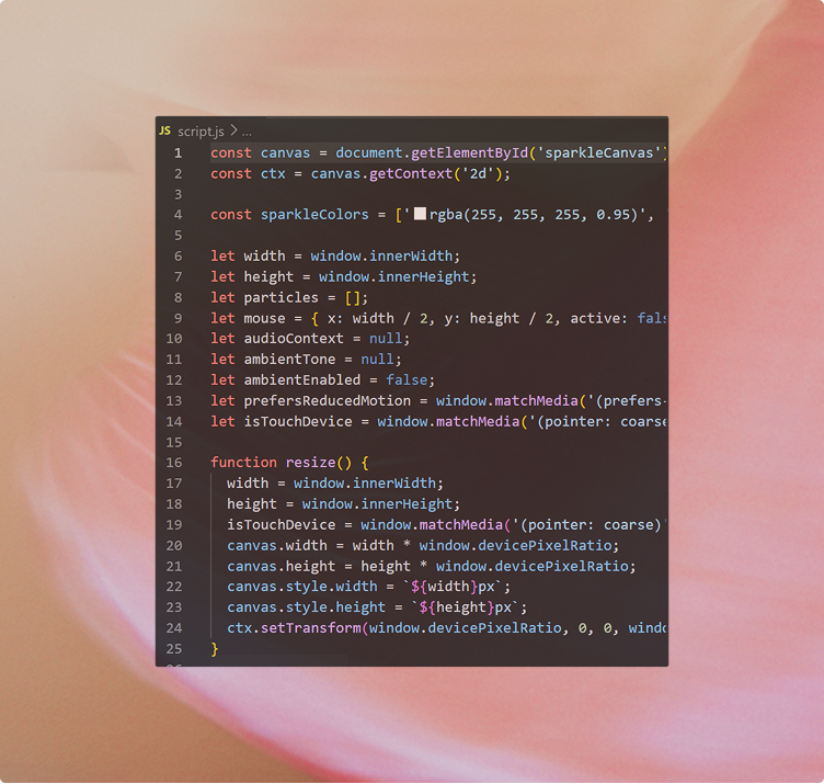 A code editor window displays JavaScript code for creating a canvas animation, overlaid on a blurred pink background with soft, abstract shapes.