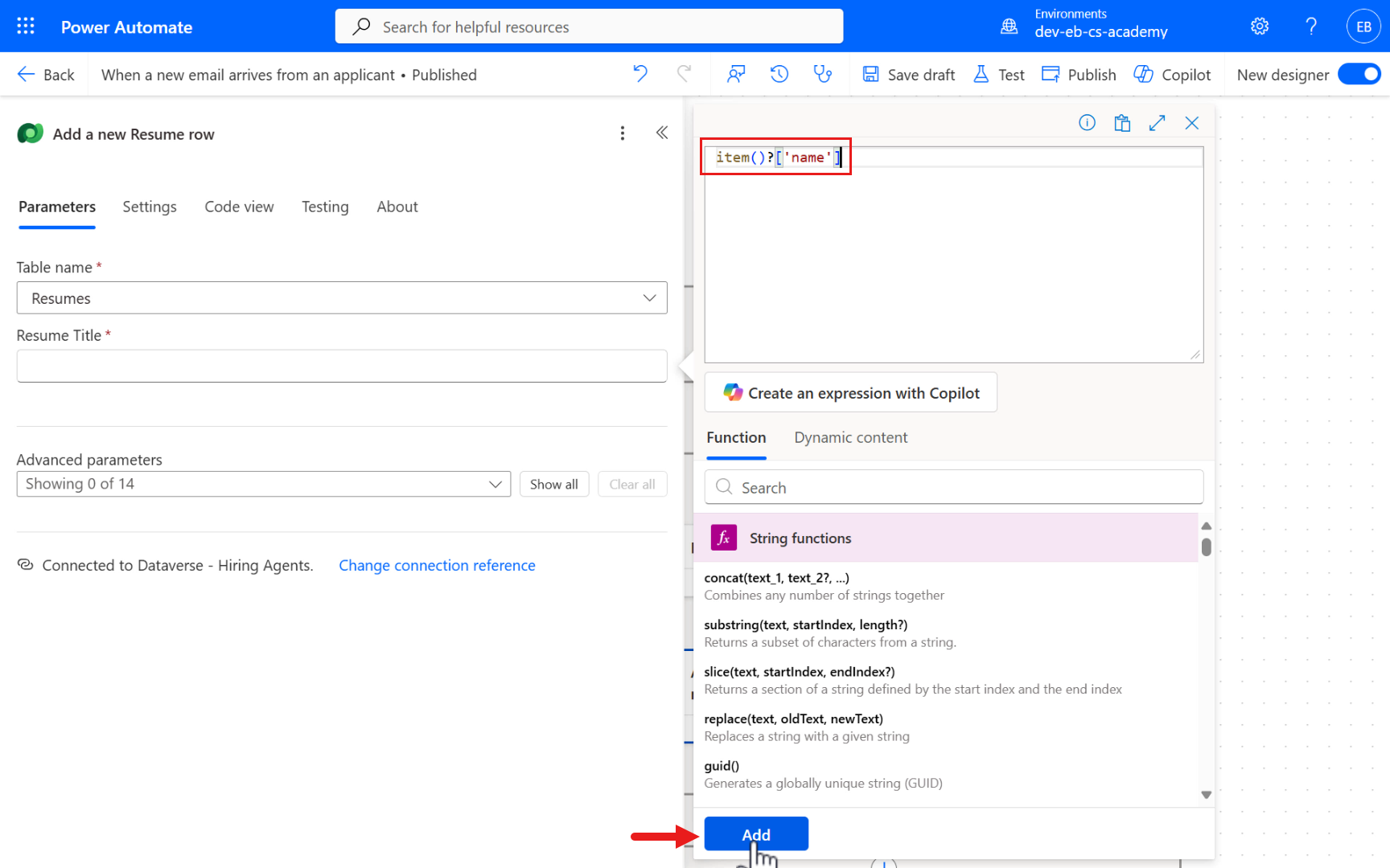Add expression for Resume Title parameter