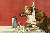 A man devours his meal messily, focused only on satisfying his hunger