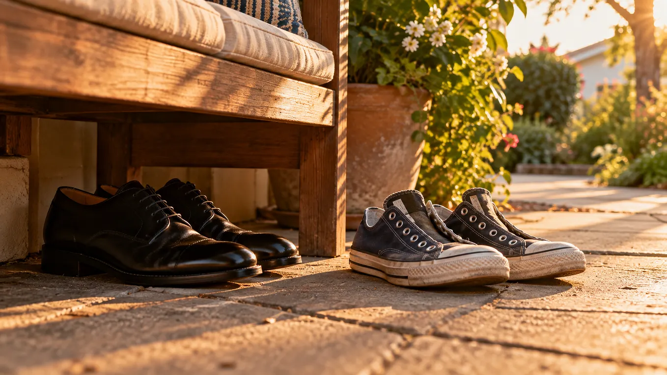 A photo of formal black dress shoes stored under a bench next to comfortable canvas sneakers on the pavement