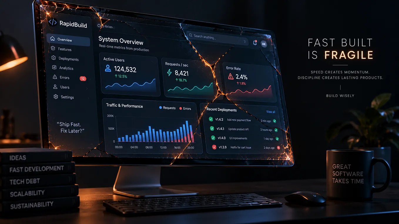 Conceptual editorial 3D illustration of a sleek dark computer screen with glowing neon metrics and subtle hairline fractures, symbolizing fragile AI-generated software architecture.