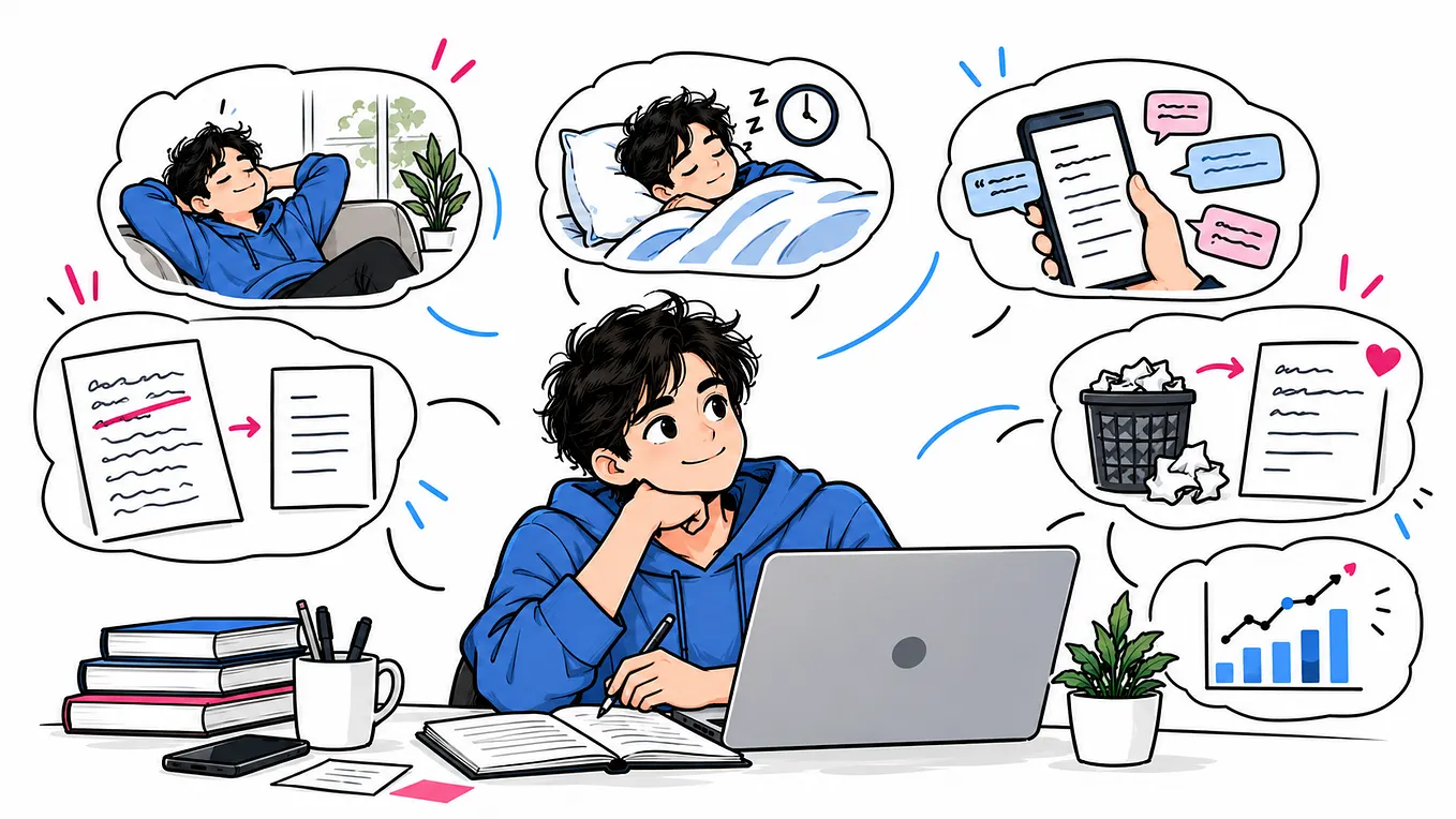 A young man in a blue hoodie writing at his laptop, surrounded by illustrations representing rest, sleep, collecting real conversations, simplifying drafts, discarding rejected writing, and tracking growth, highlighting six practical habits for improving writing beyond simply writing more.
