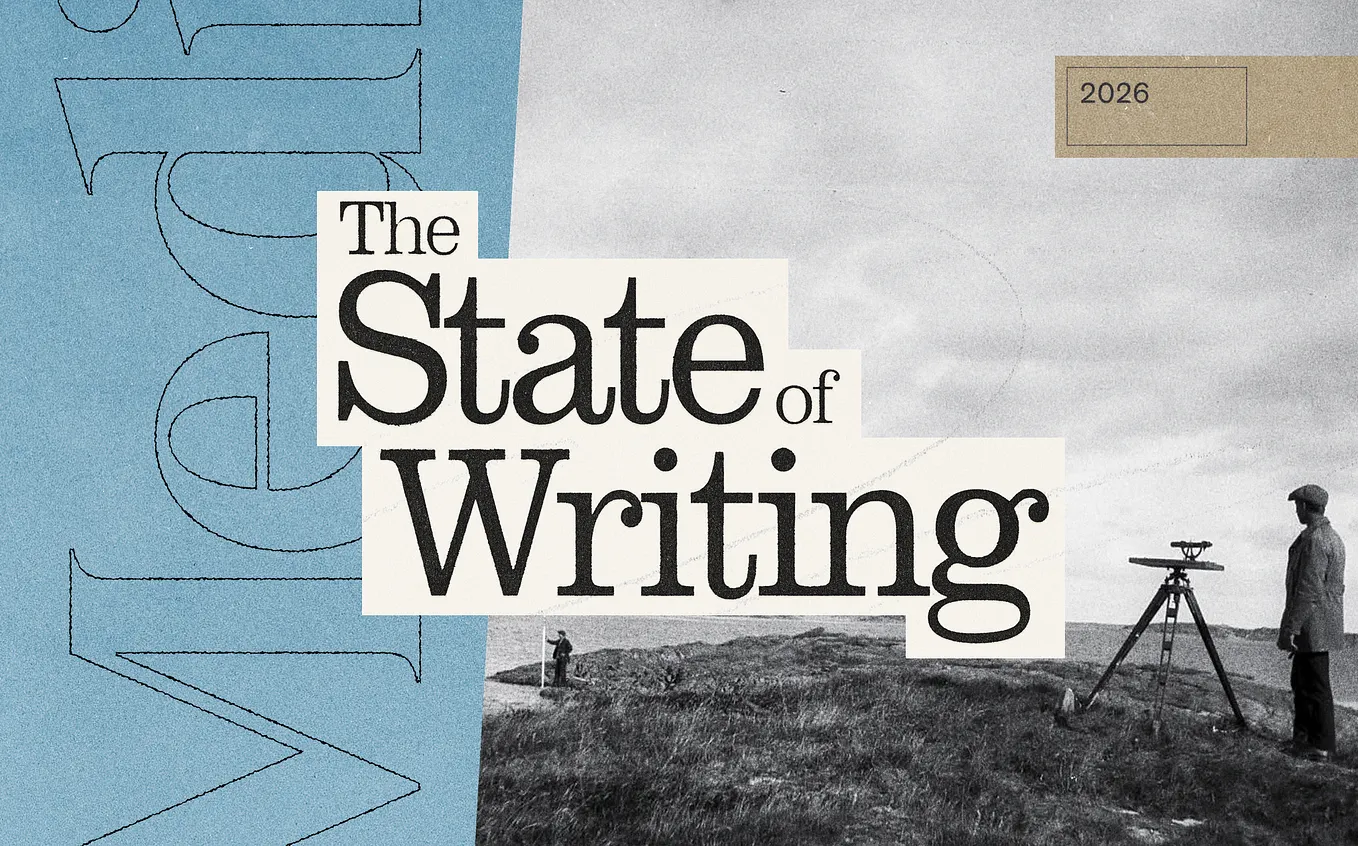 A header image with the words “The State of Writing” and a black and white photograph of a sky and a man staring off into the distance.