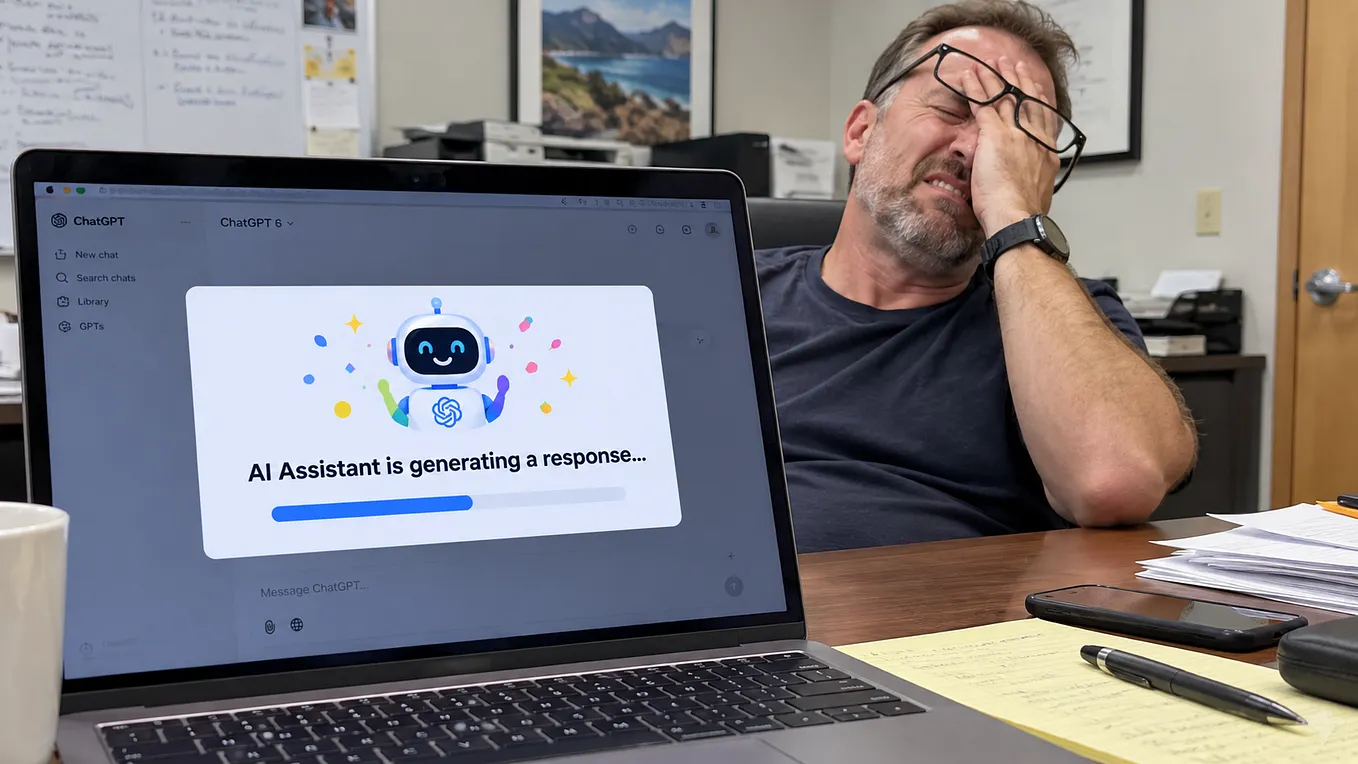 A close-up photo of a laptop screen stuck loading an AI assistant response while a man facepalms in the background.