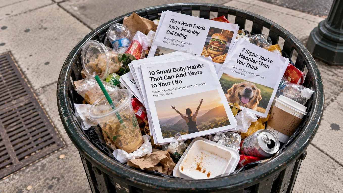 A photo of articles sitting on top of an overflowing city trash can filled with plastic garbage.