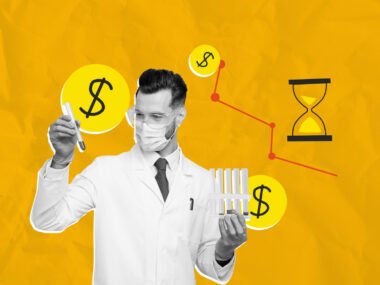 A researcher is shown with dollar signs and an hourglass in the background.