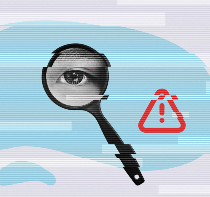 Magnifying glass eye with warning symbol on digital cloud.