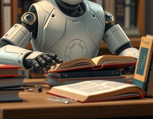 DALL-E KI-generiertes Bild: Ein Roboter sitzt am Tisch mit Büchern