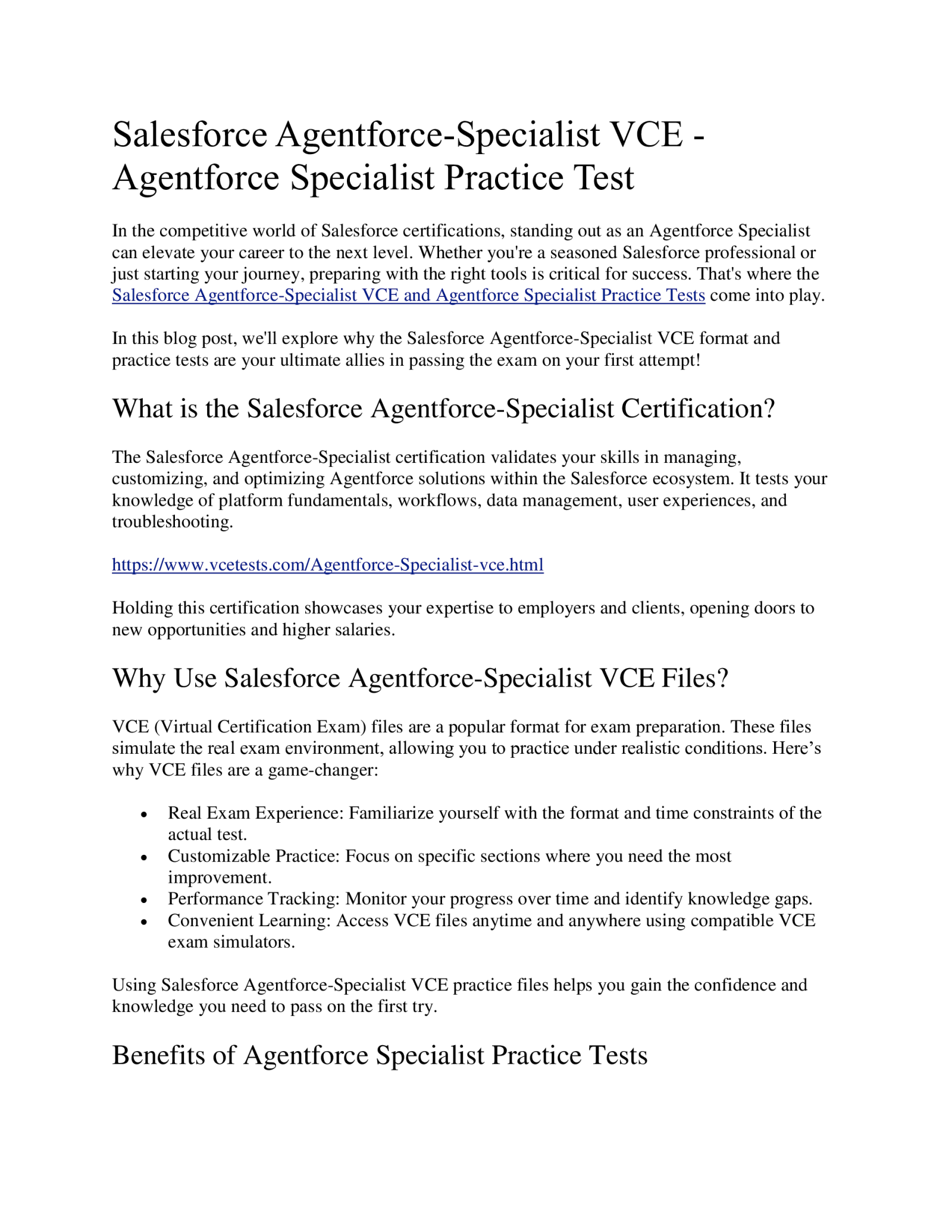 Salesforce Agentforce-Specialist Vcetest by Vce tests