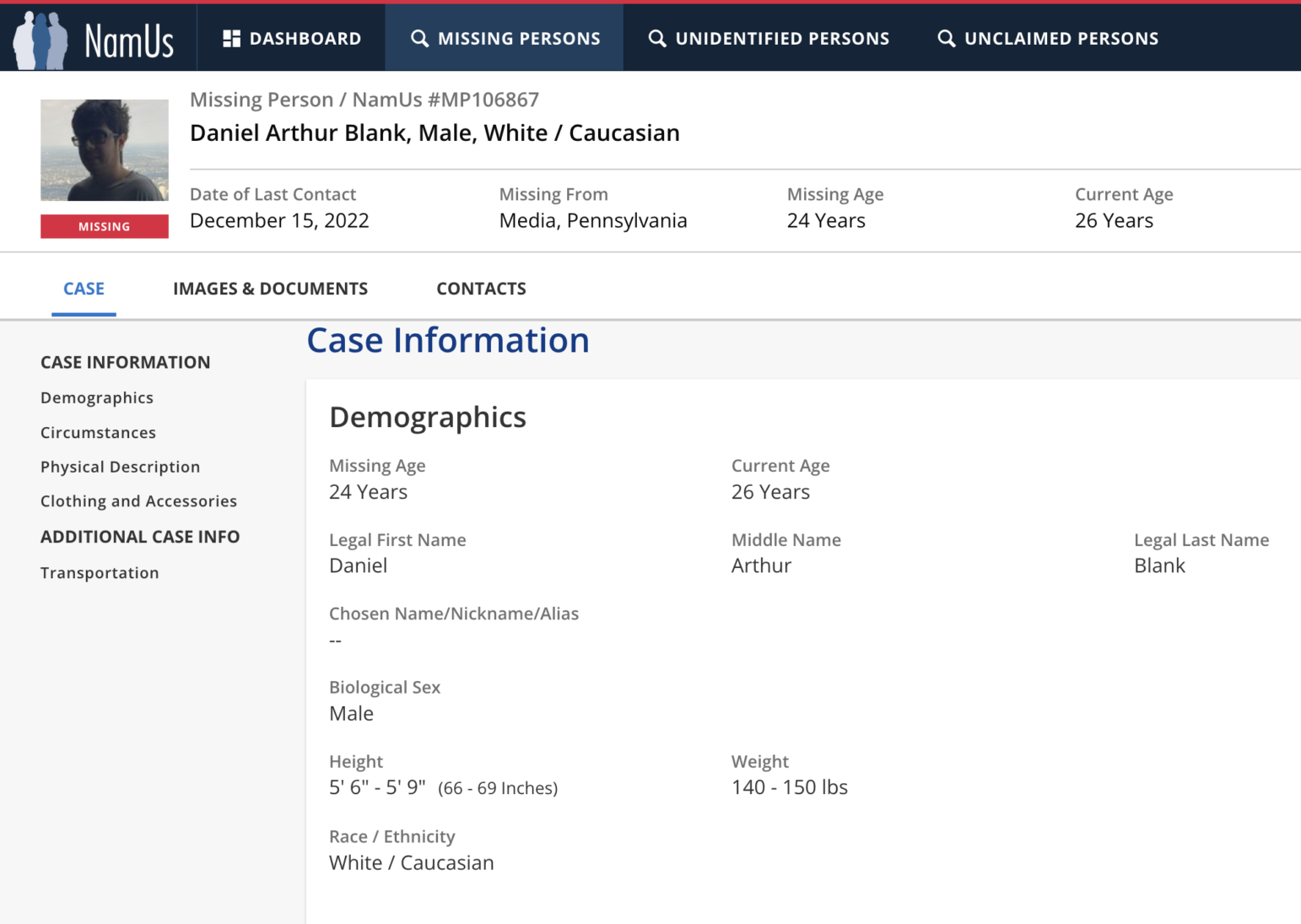 A screenshot of a NamUs missing-person profile for “Daniel Arthur Blank,” listing him as a 24-year-old (now 26) White/Caucasian male reported missing on December 15, 2022, from Media, Pennsylvania. The top banner shows the NamUs logo and navigation options (Missing Persons, Unidentified Persons, Unclaimed Persons), along with a small headshot in silhouette. The “Case Information” section displays demographics (missing and current age, height, weight, race, and sex) and notes Daniel’s full name: Daniel Arthur Blank. The sidebar on the left includes links for Demographics, Circumstances, Physical Description, Clothing and Accessories, and Additional Case Info.