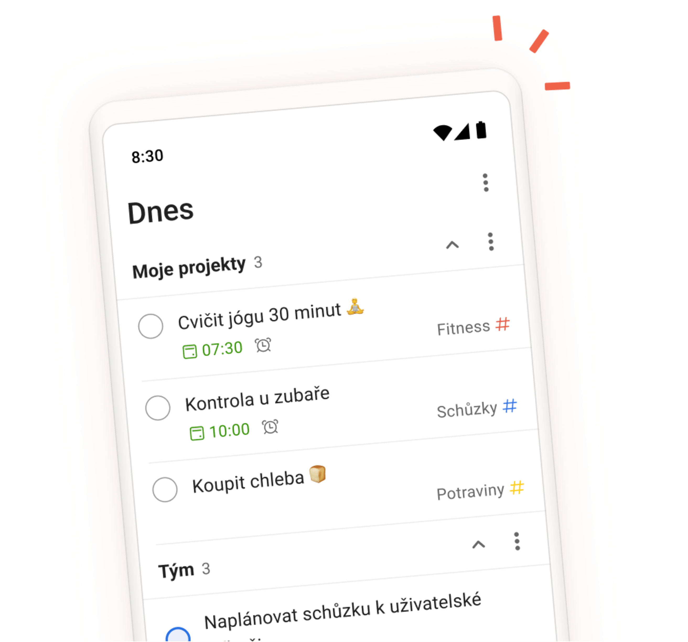 Pohled na rozhraní aplikace Todoist na mobilním zařízení zobrazující dnešní úkoly v oddílech Moje projekty a Tým.