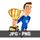 3D Soccer Player Blue Jersey Standing and Holding Trophy Cup