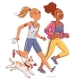 Two Girls Jogging with a Dog