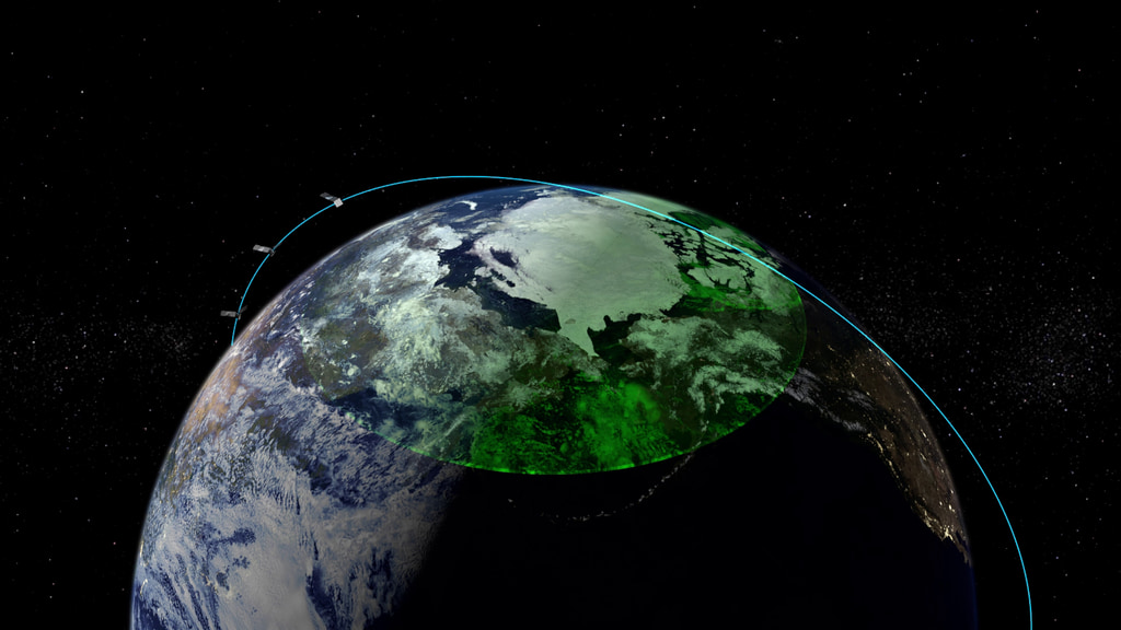 Three identical small satellites appear in a line above the north polar region of Earth. The satellites appear along a blue line that traces their polar orbit around Earth. A green shaded region appears over Earth's north polar region.
