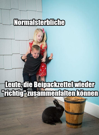Zwei Kinder, die erschrocken und weinend in der Ecke eines Raumes stehen. Erstarrt vor Angst vor einem kleinen schwarzen Kaninchen, das weiter vorne im Raum neben einem Eimer hockt. Der Text über den Kindern: "Normalsterbliche". Text über dem Kaninchen: "Leute, die Beipackzettel wieder "richtig" zusammenfalten können.".