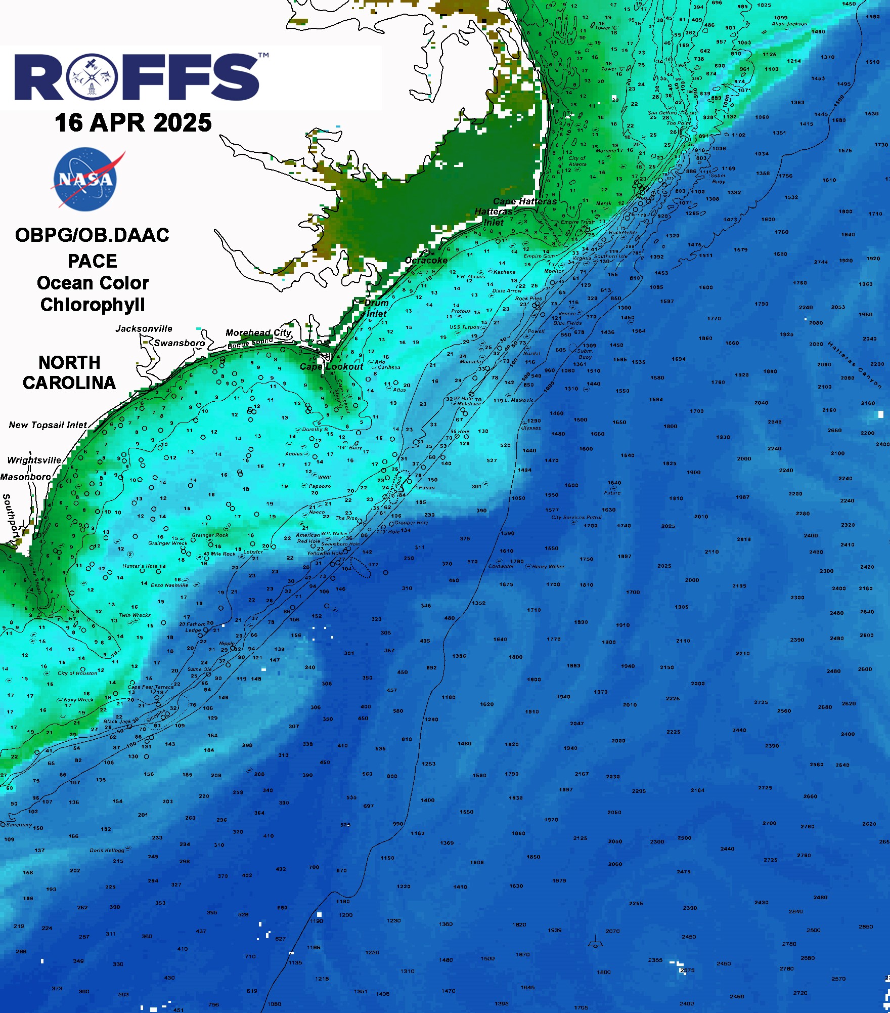 A NASA map of the coast off North Carolina, with a gradient of green to blue going out to sea