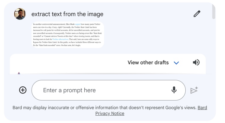 A screenshot of Google Bard's conversation
