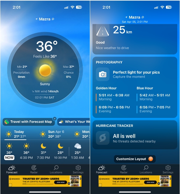 Weather Live app on iPhone