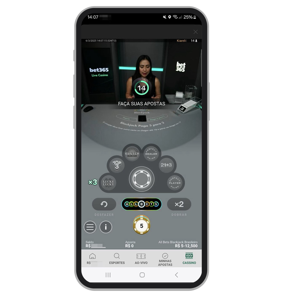 Blackjack ao vivo com crupiê real no app da Bet365