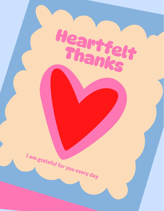 A Wixel thank you card template featuring chunky pink text and a large red heart with a pink outline. The design is centered inside a cream-colored square with a scalloped border, set against a blue background.