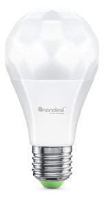 Essentials Matter Smart Bulb with LED at top in white, middle section with the Nanoleaf logo on the side and standard bulb threading at bottom.