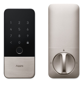 Aqara Smart Lock U400, silver color, outer panel Keypad with Aqara logo at bottom, inner panel with thumb turn unlock and lock symbols