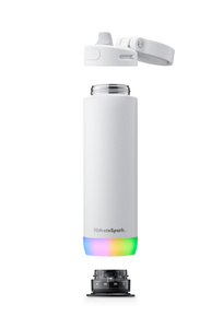 HidrateSpark PRO 2 Smart Bottle, side exterior, straw lid suspended above and Pro 2 Sensor disconnected below