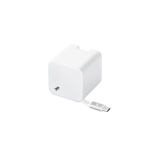 Nimble Wally Stretch 65W Wall Charger, white colour, integrated USB-C cable in the lower right, Nimble logo in the lower left